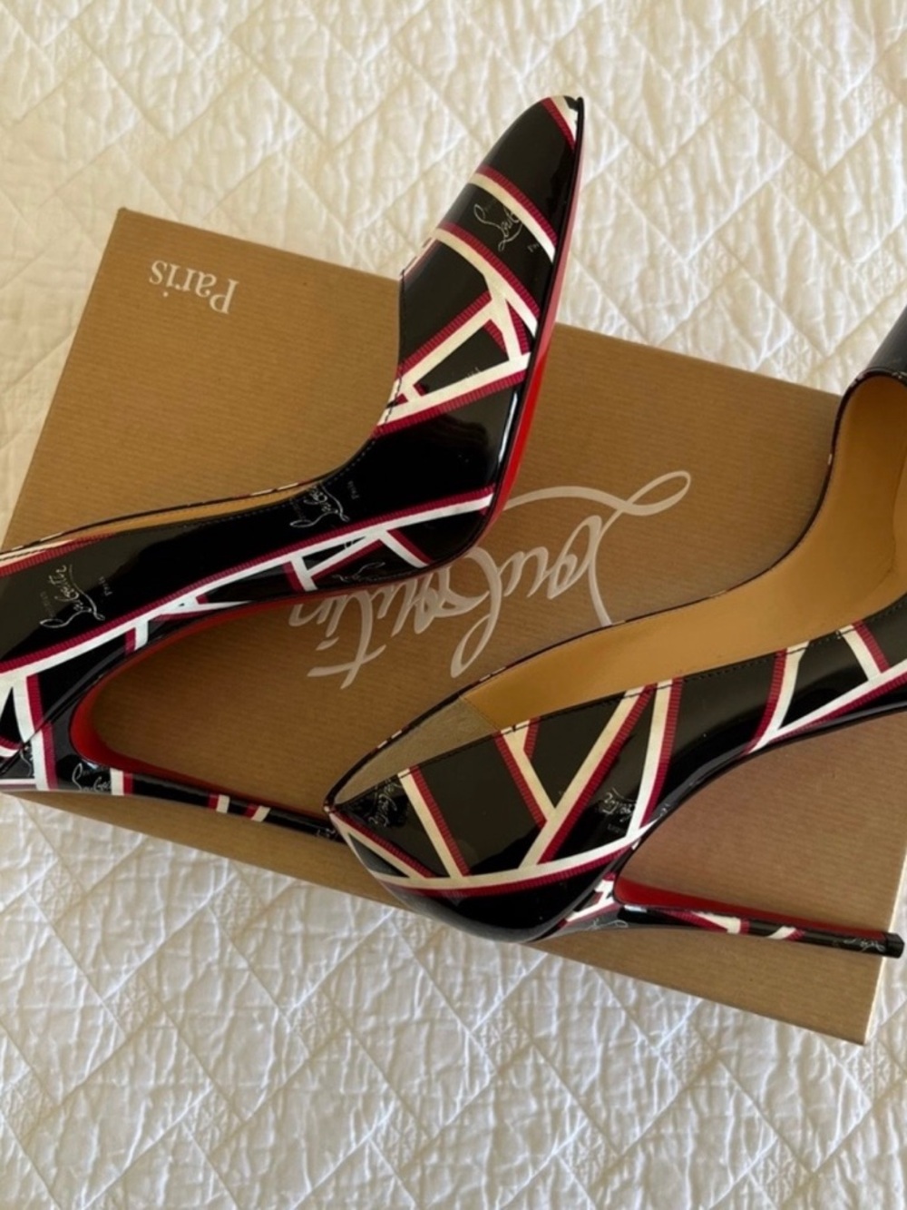 Christian Louboutin Black Patent Pumps with Red and White